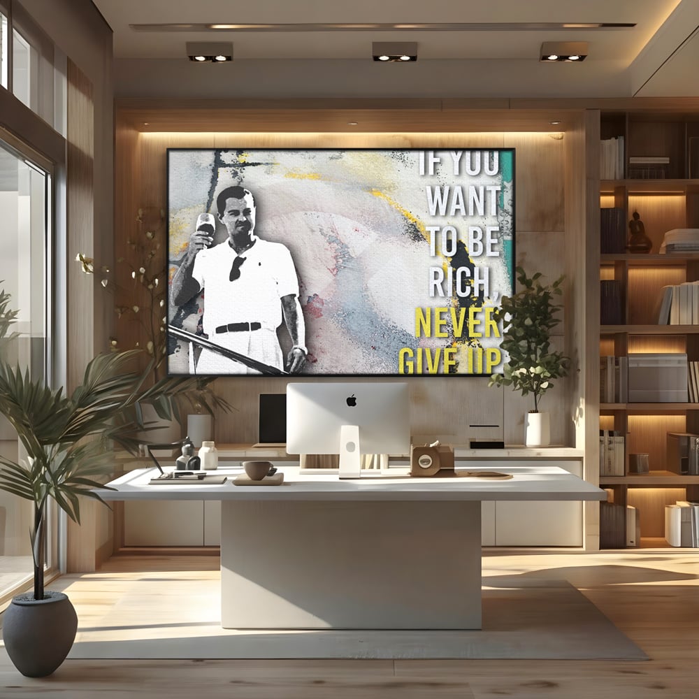 Tablou canvas cu tablou canvas cu leonardo dicaprio, in rama de aluminiu negru, pe perete intr-un birou